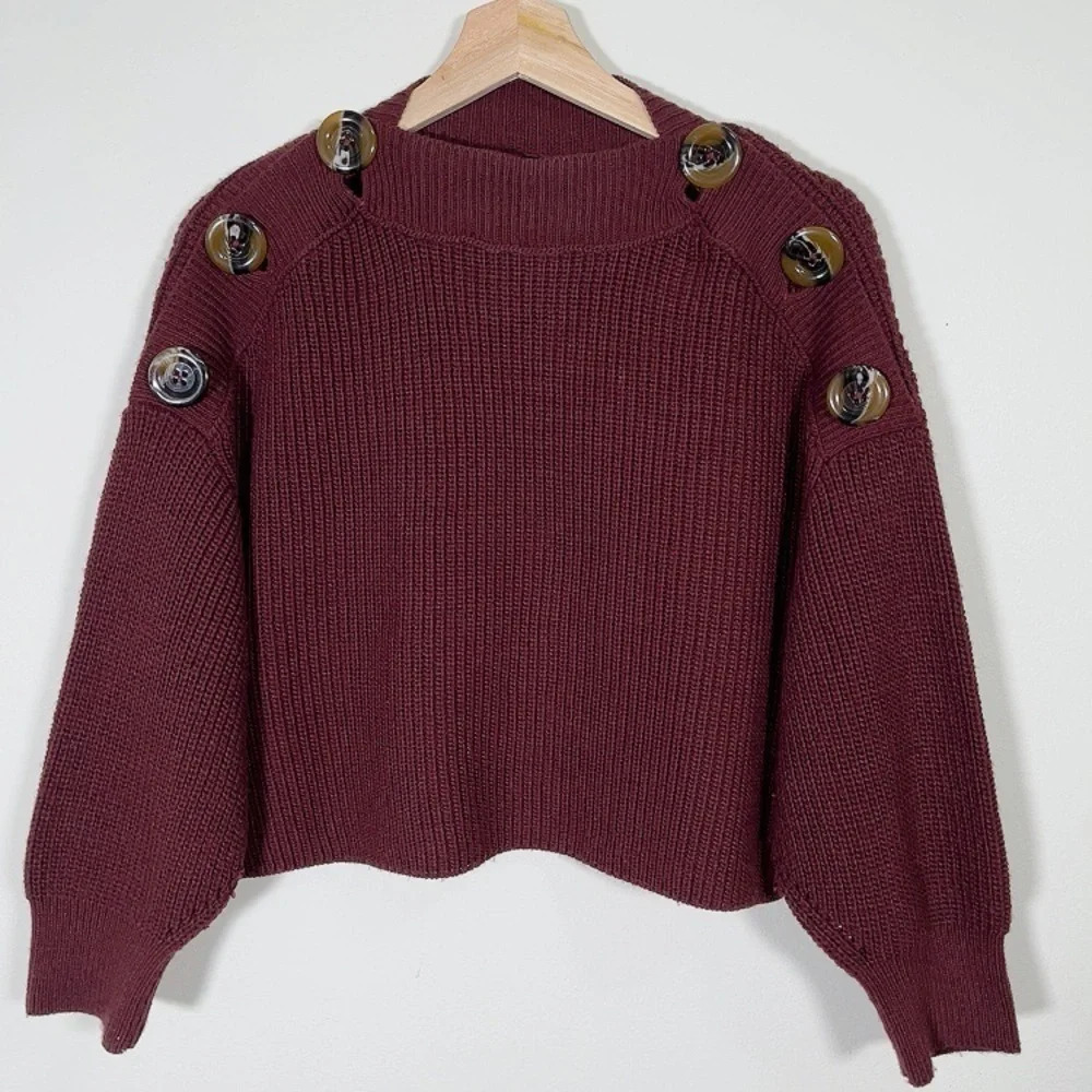 TOPSHOP  | BUTTON SLASH KNIT SWEATER IN BURGUNDY - Picture 2 of 10